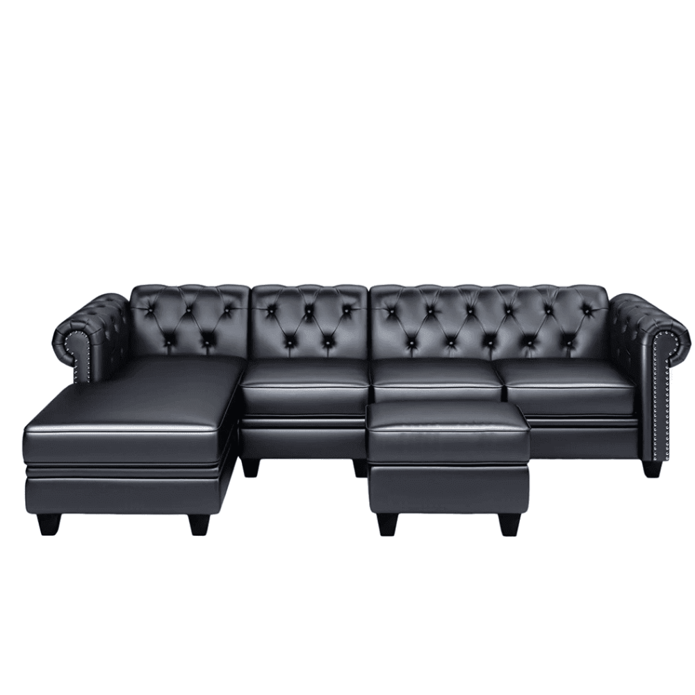Dolcy Sectional Sofa Set in PU Leather in Black Color with Ottoman - Teak Inside
