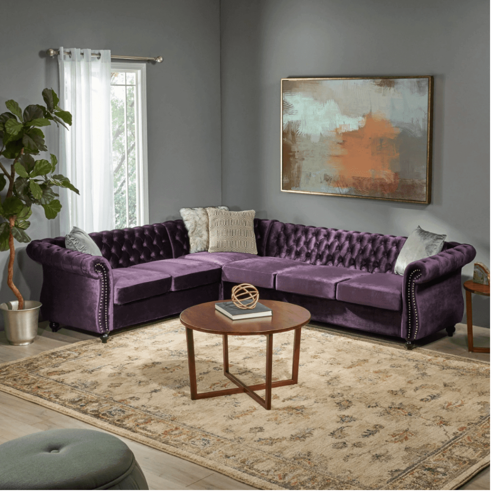 Amberside Suede Tufted Chesterfield Sectional Sofa - Teak Inside