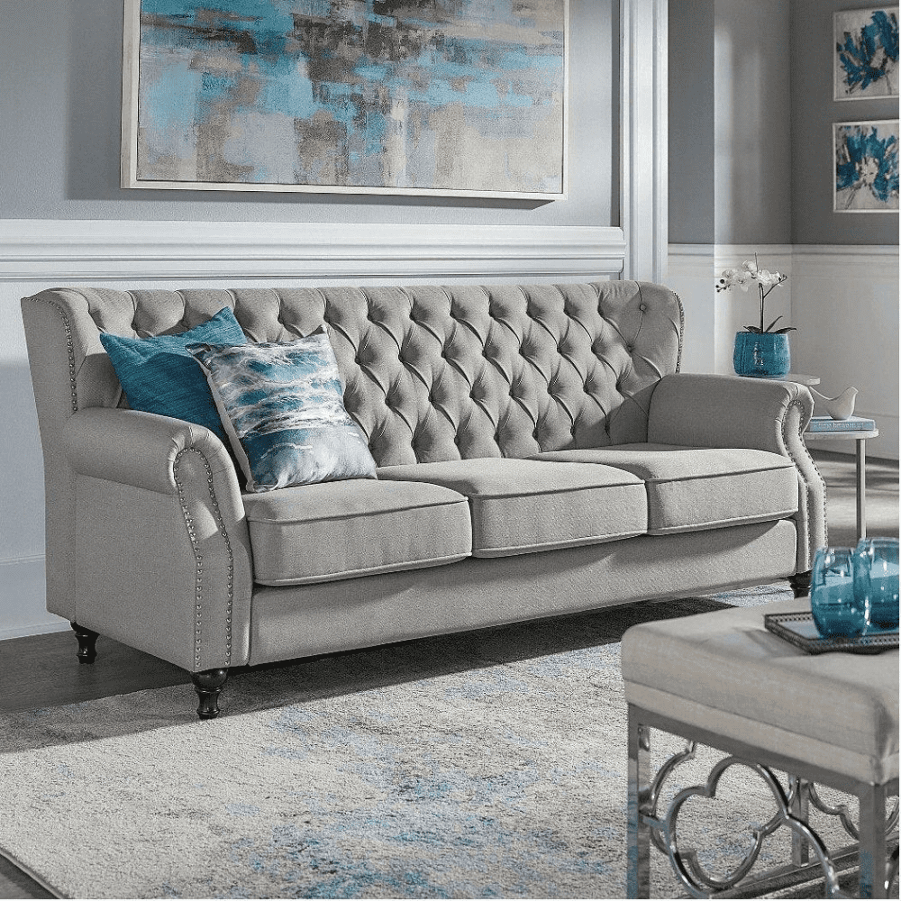 Dorothie Grey Fabric Button Tufted Sofa with Nailhead Trim - Teak Inside