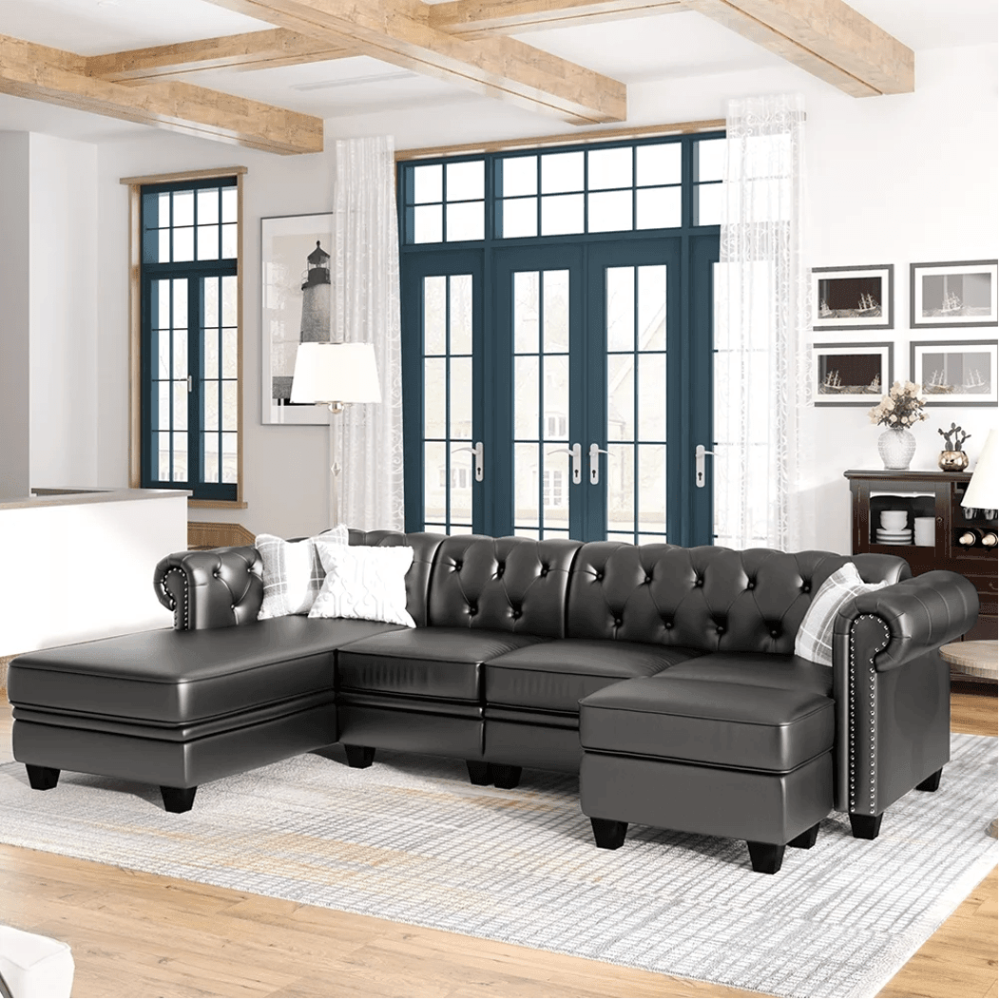Dolcy Sectional Sofa Set in PU Leather in Black Color with Ottoman - Teak Inside