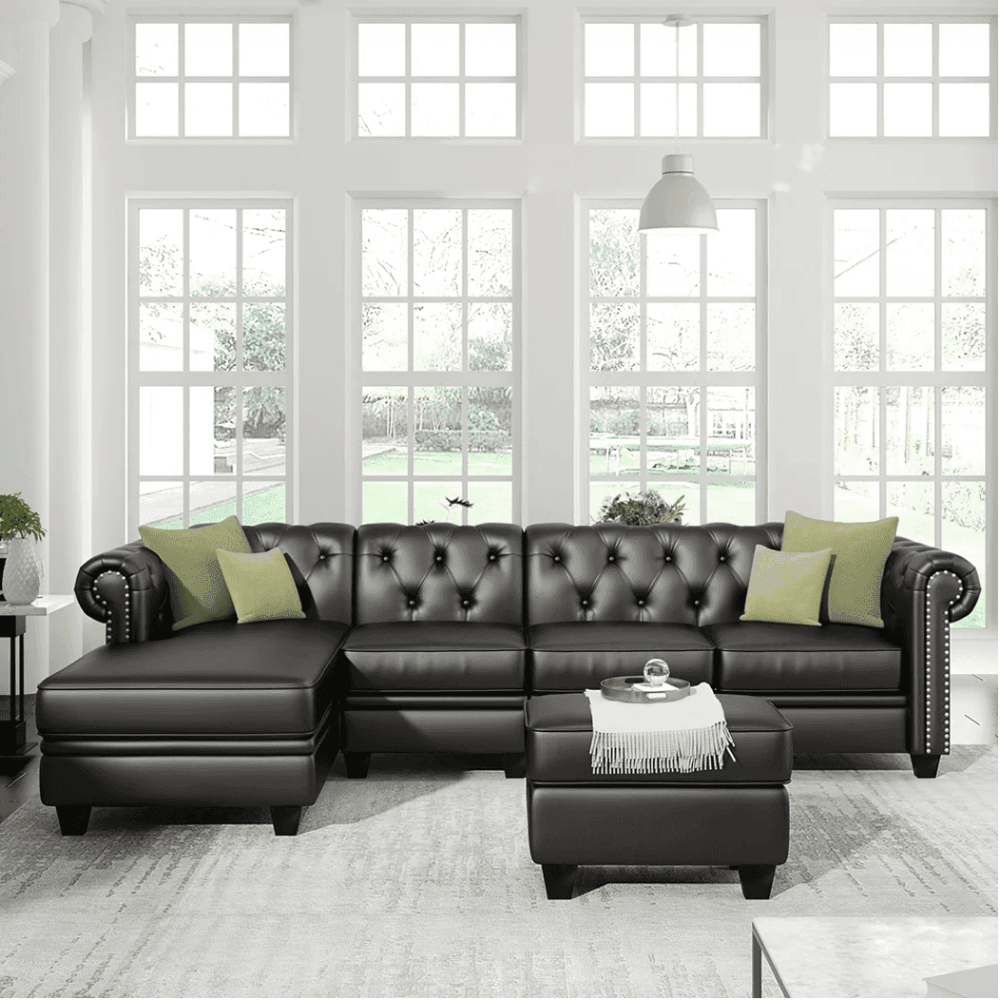 Dolcy Sectional Sofa Set in PU Leather in Black Color with Ottoman - Teak Inside