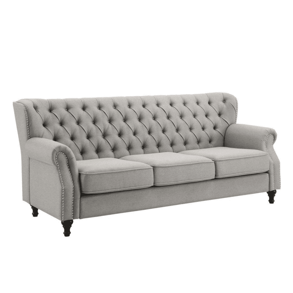 Dorothie Grey Fabric Button Tufted Sofa with Nailhead Trim - Teak Inside