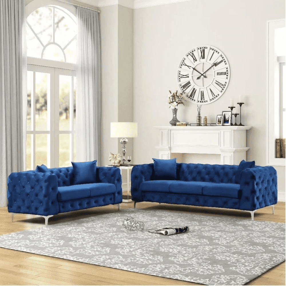 Dollo Chesterfield Suede Tufted Sofa Set - Teak Inside