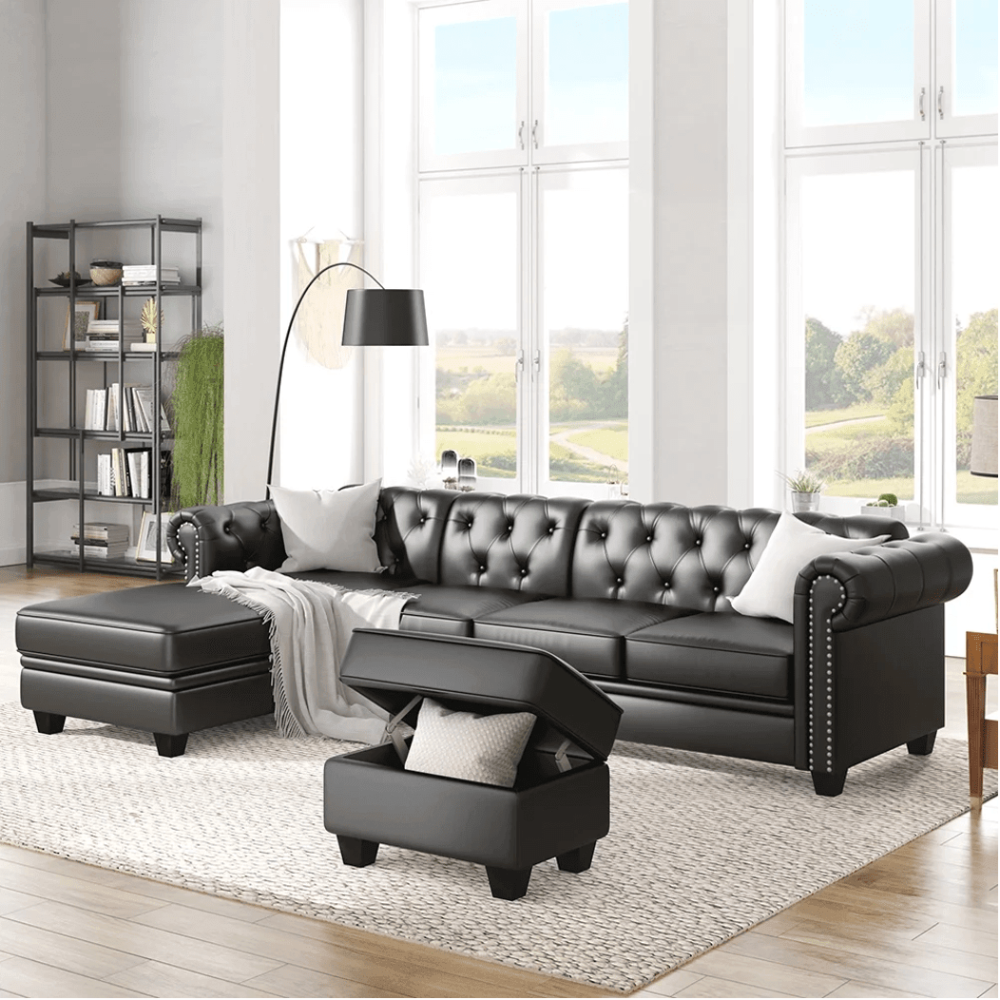 Dolcy Sectional Sofa Set in PU Leather in Black Color with Ottoman - Teak Inside