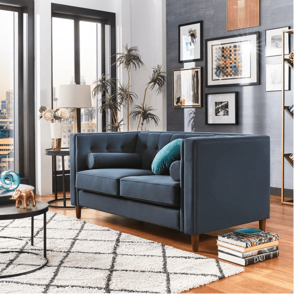 Brew Tuxedo Faux Leatherette Sofa with Accent Pillows - Teak Inside