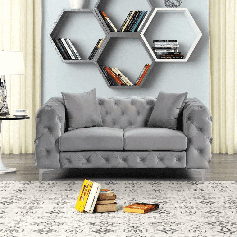 Dollo Chesterfield Suede Tufted Sofa Set - Teak Inside