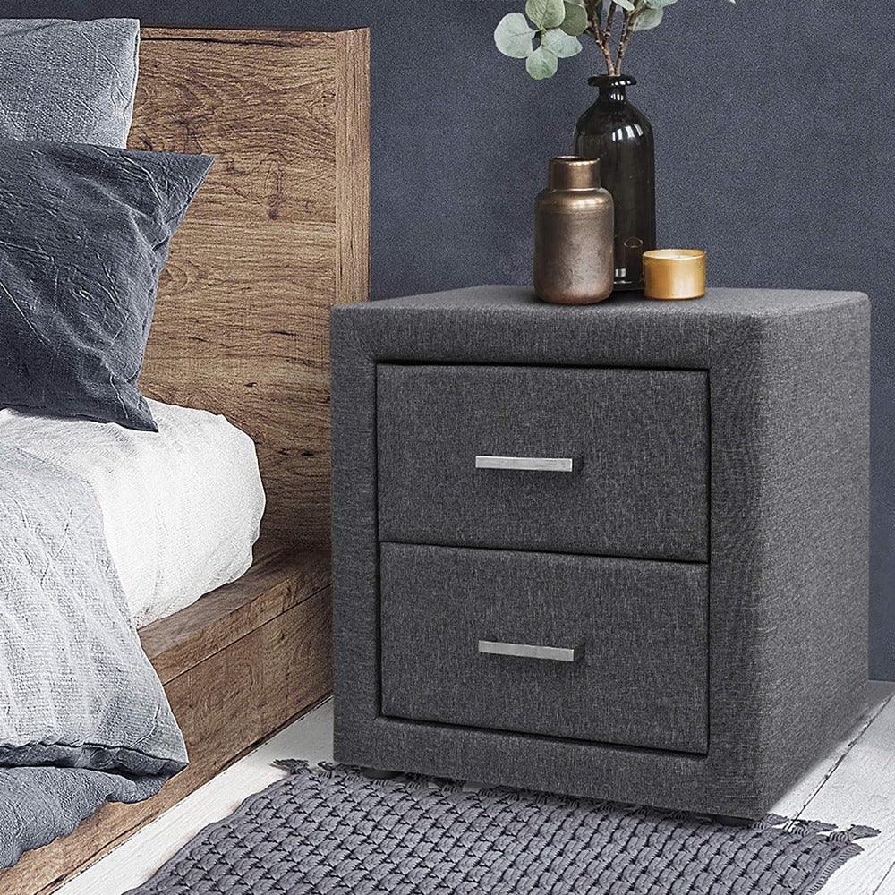 Artiss Fabric Bedside Table with 2 Drawers - Teak Inside