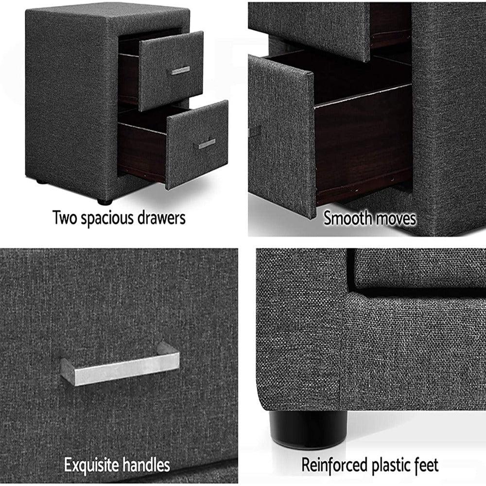 Artiss Fabric Bedside Table with 2 Drawers - Teak Inside