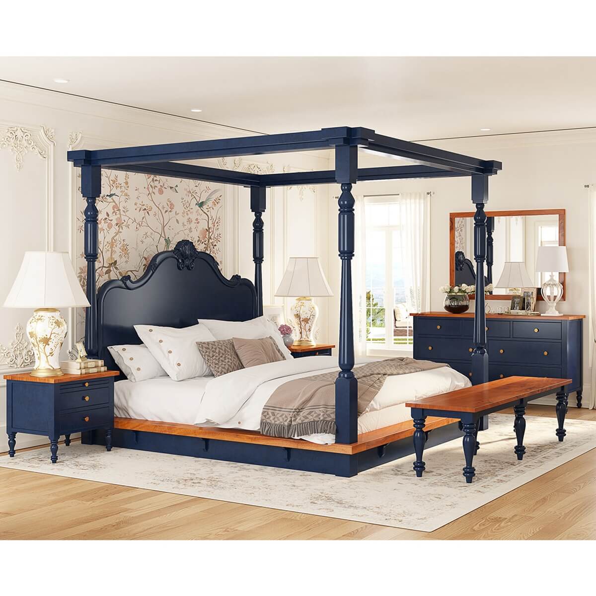 Florance Solid Wood Luxury Poster Bed in Honey Teak