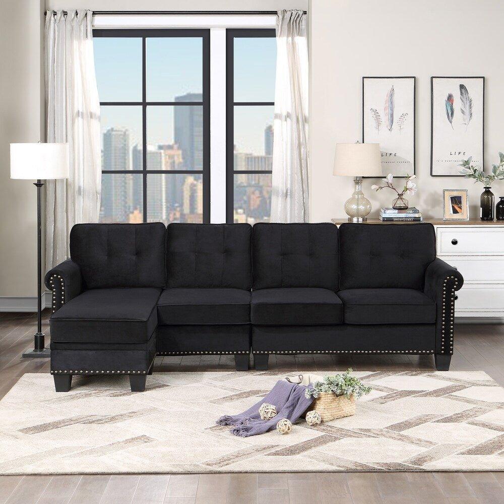 Delray Suede Sectional Sofa in Black - Teak Inside