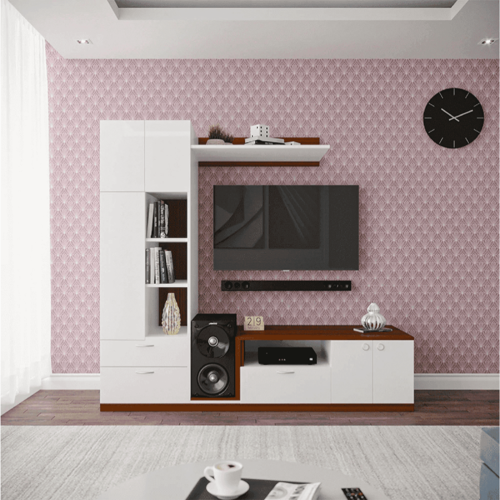 Cassy TV Panel- Walnut & Frosty White- Upto 55 inches TV - Teak Inside