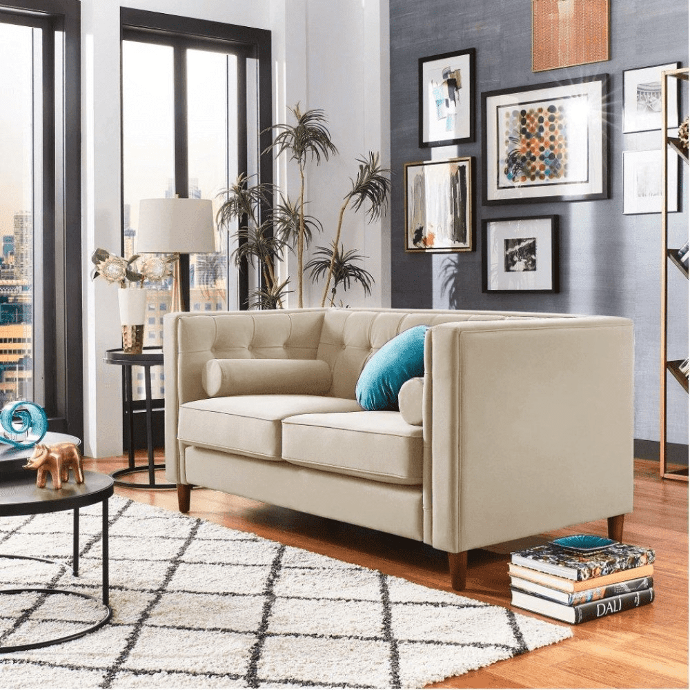 Brew Tuxedo Faux Leatherette Sofa with Accent Pillows - Teak Inside