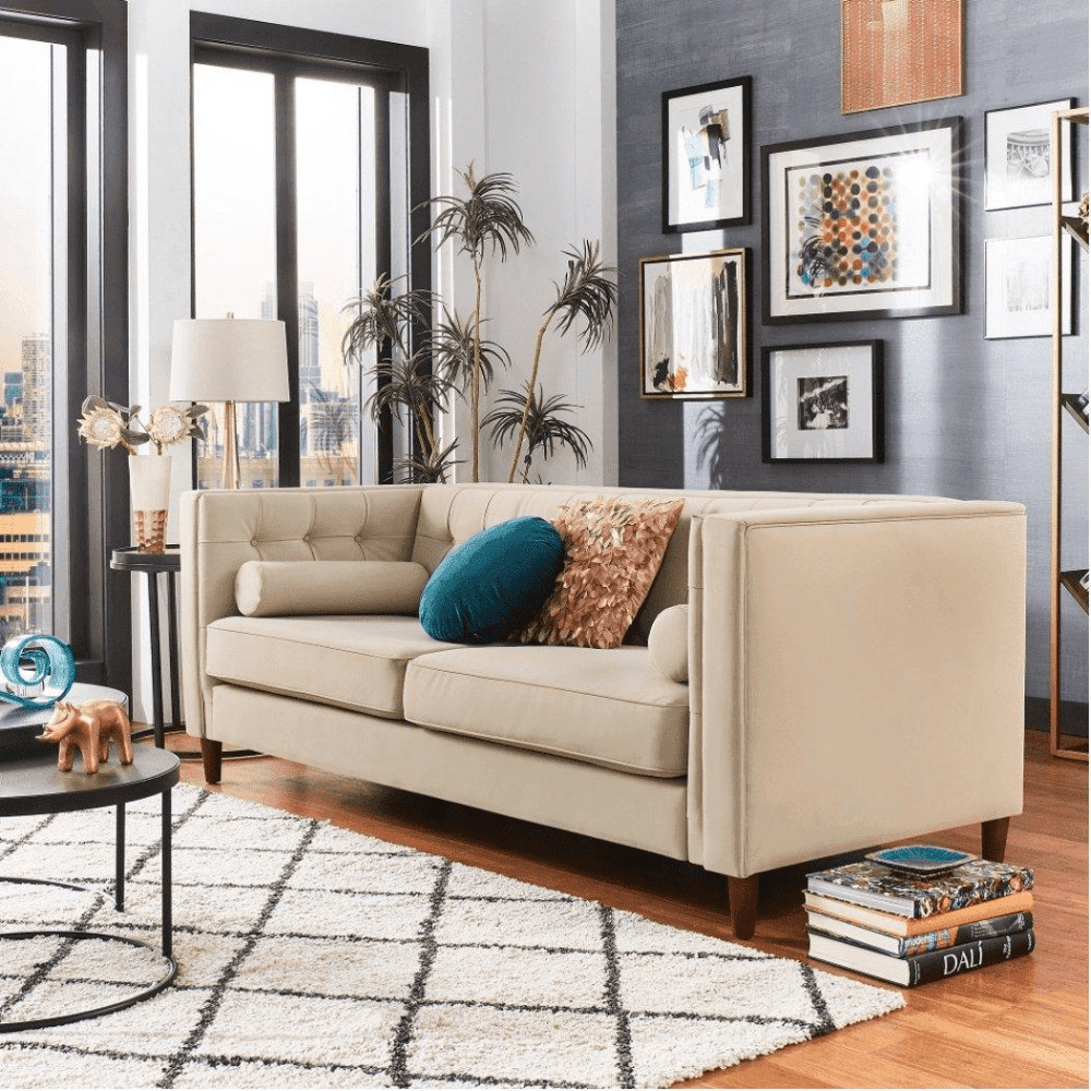 Brew Tuxedo Faux Leatherette Sofa with Accent Pillows - Teak Inside