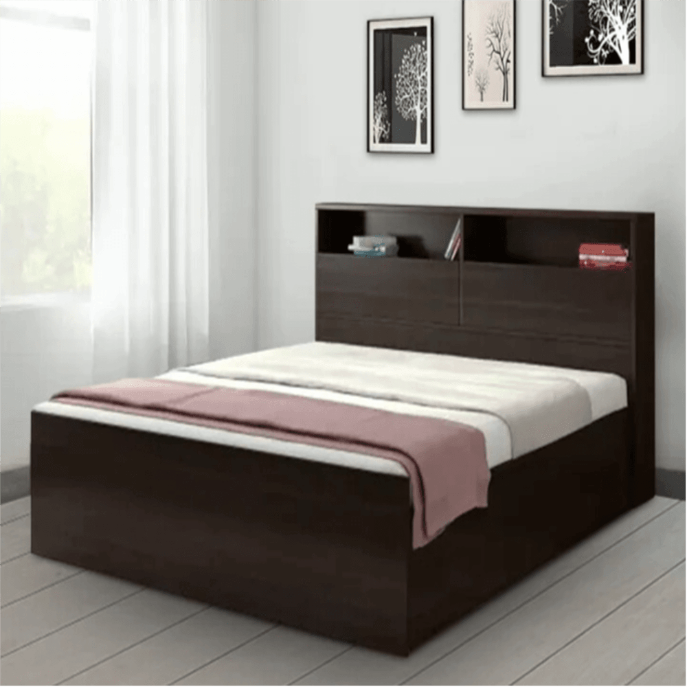 Denver Wooden Bed with Storage in Brown Glossy Finish - Teak Inside
