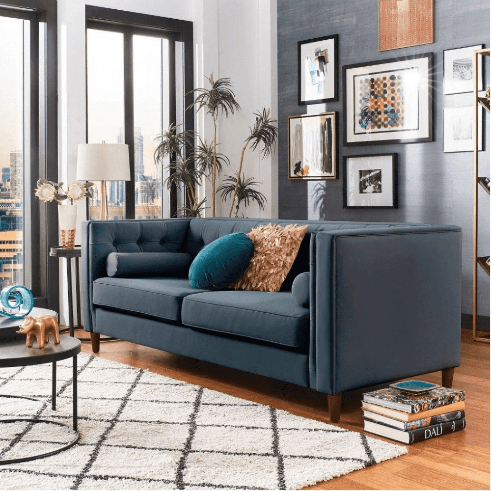 Brew Tuxedo Faux Leatherette Sofa with Accent Pillows - Teak Inside