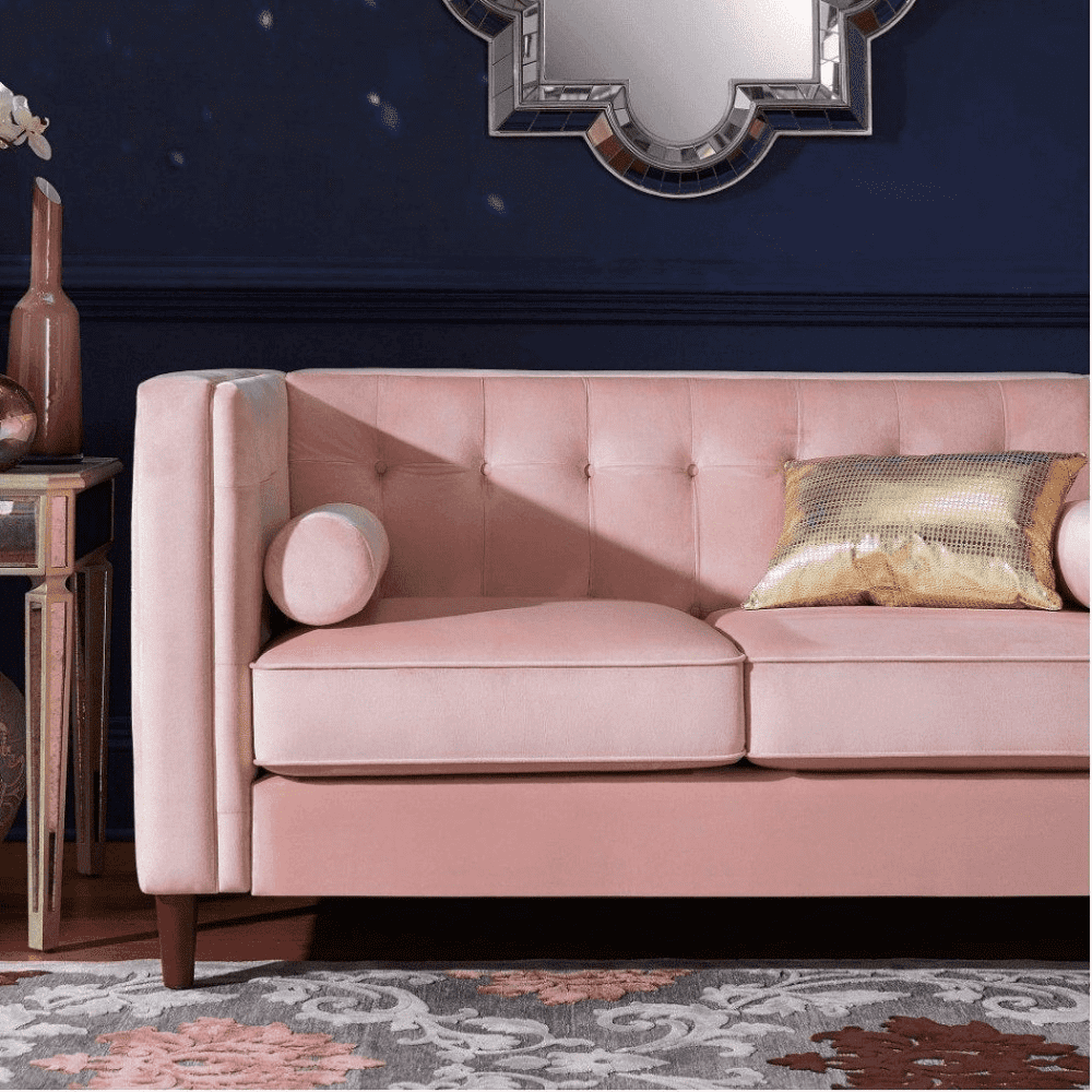 Brew Pink Suede Sofa or Loveseat with Pillows - Teak Inside