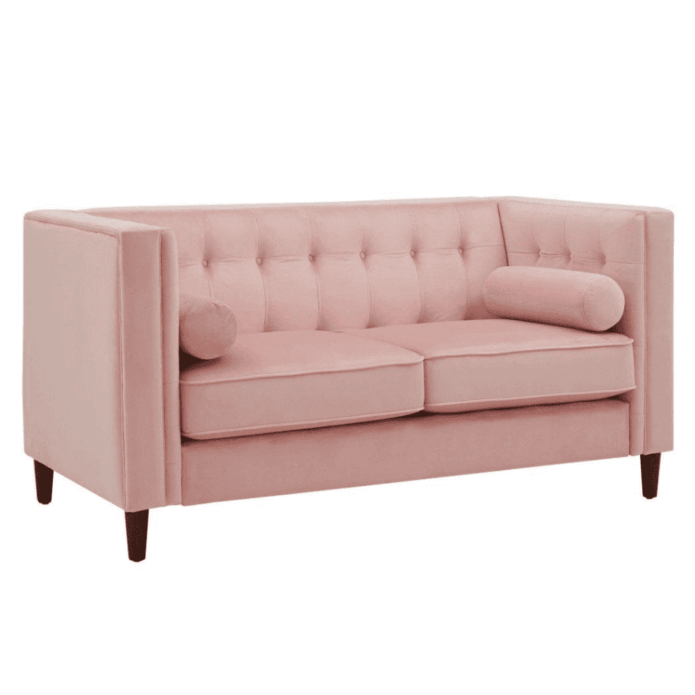 Brew Pink Suede Sofa or Loveseat with Pillows - Teak Inside