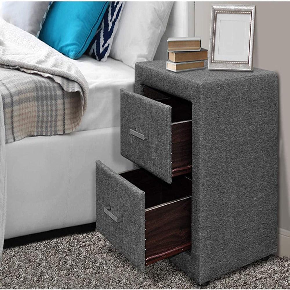 Artiss Fabric Bedside Table with 2 Drawers - Teak Inside