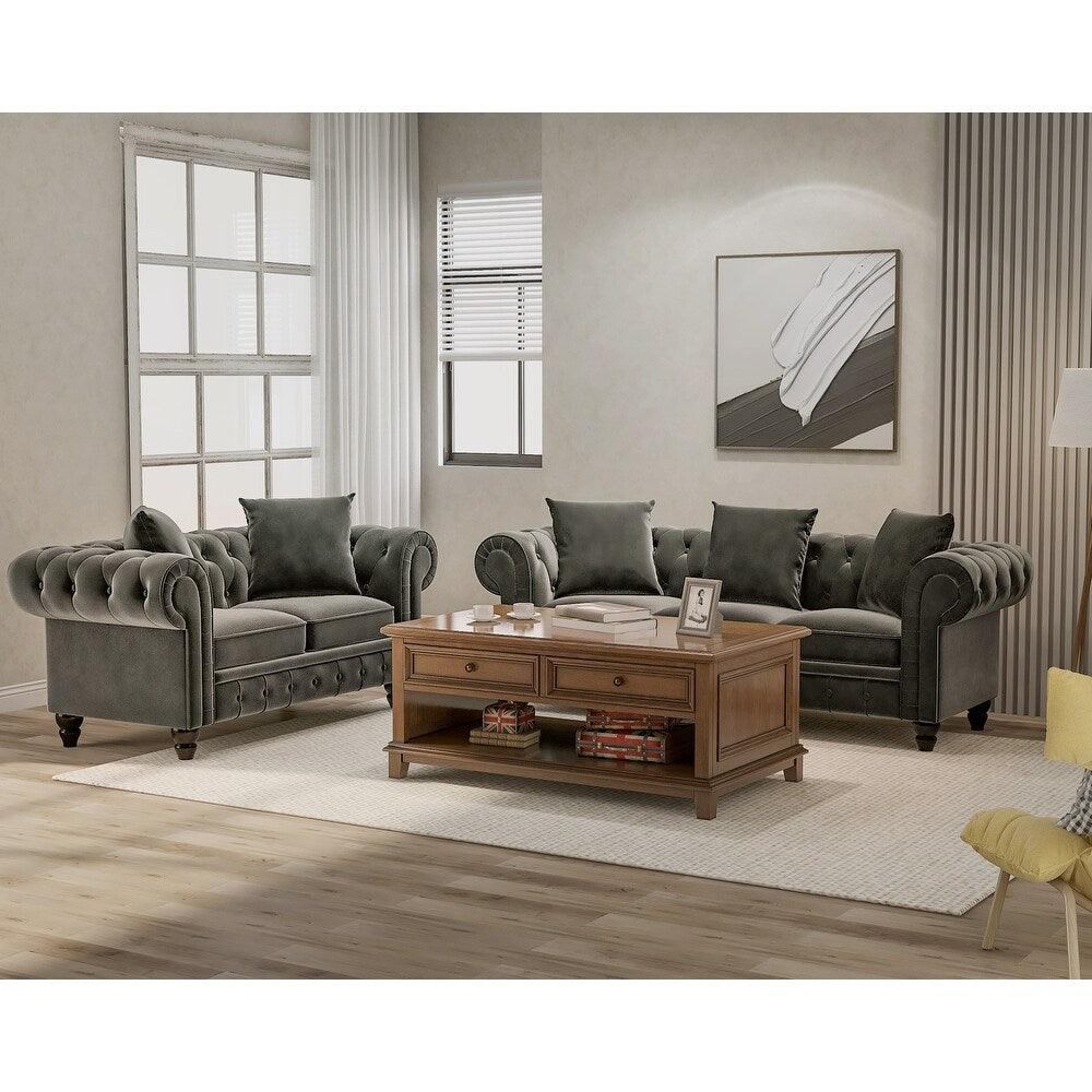 Cosmo Line Chesterfield Sofa Set in Grey - Teak Inside