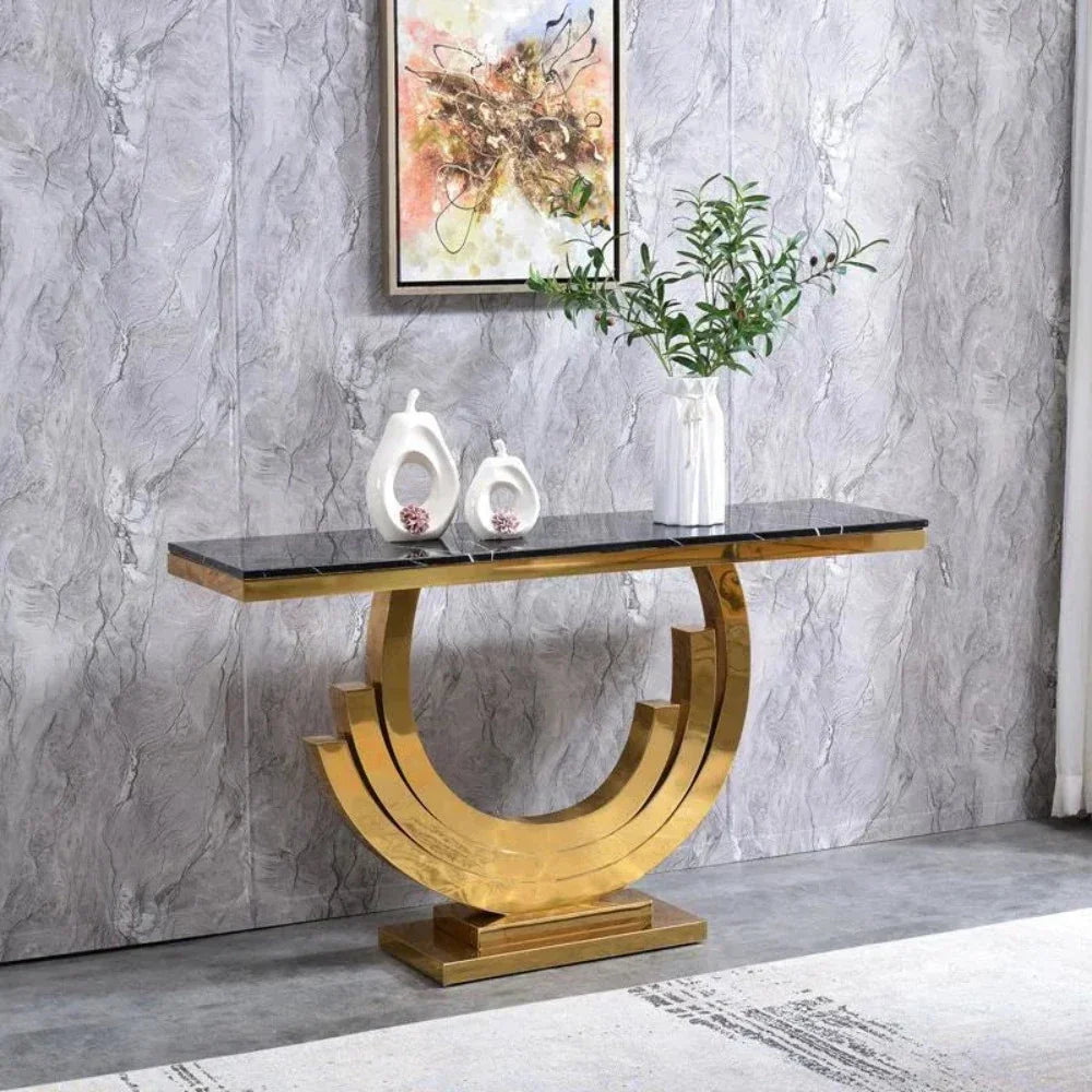 Classic Golden Console Table - Stainless Steel - Teak Inside