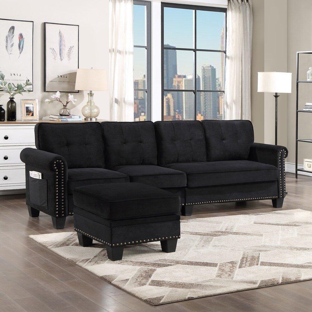 Delray Suede Sectional Sofa in Black - Teak Inside