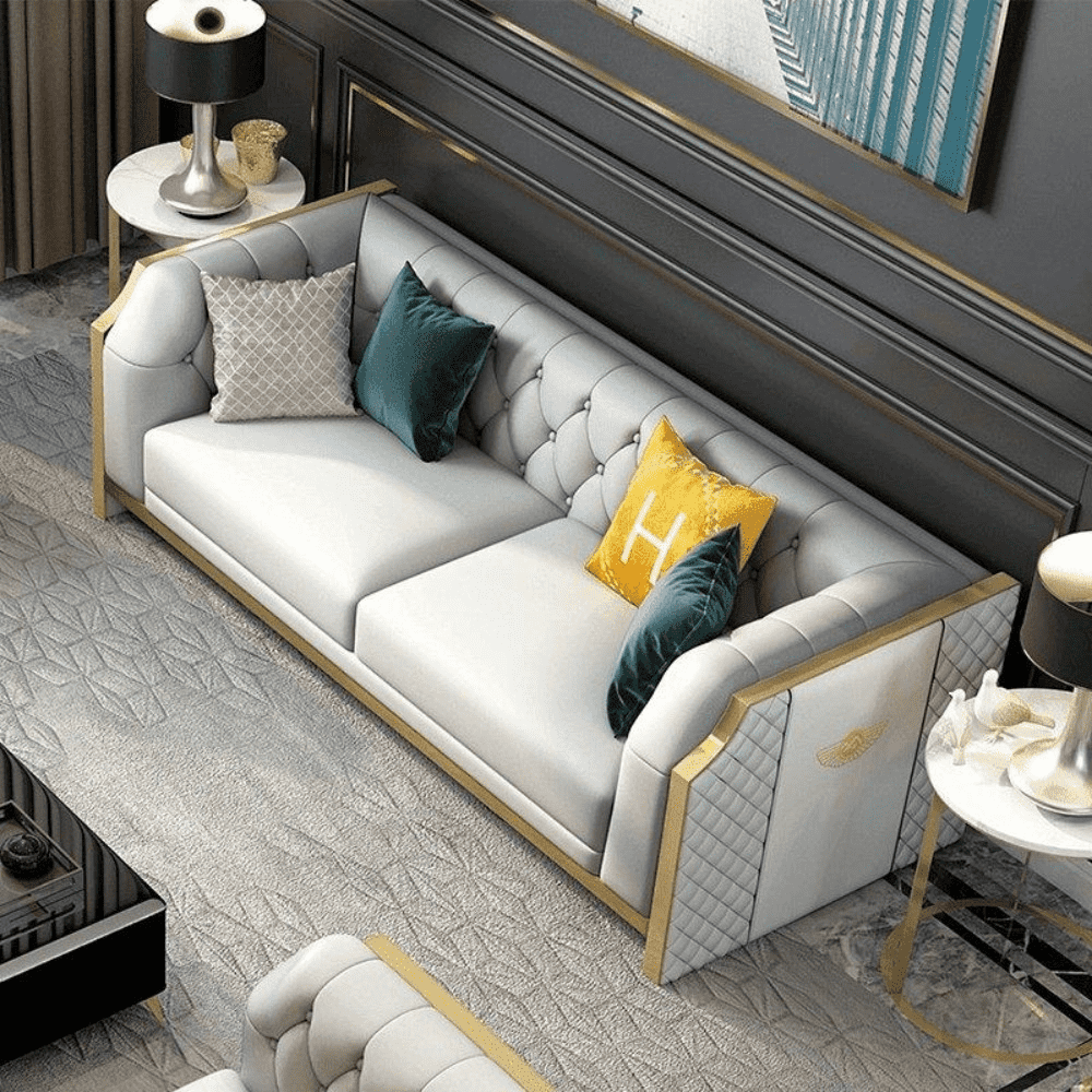 Bentley Luxury Chesterfield Sofa Set In Off White - Teak Inside