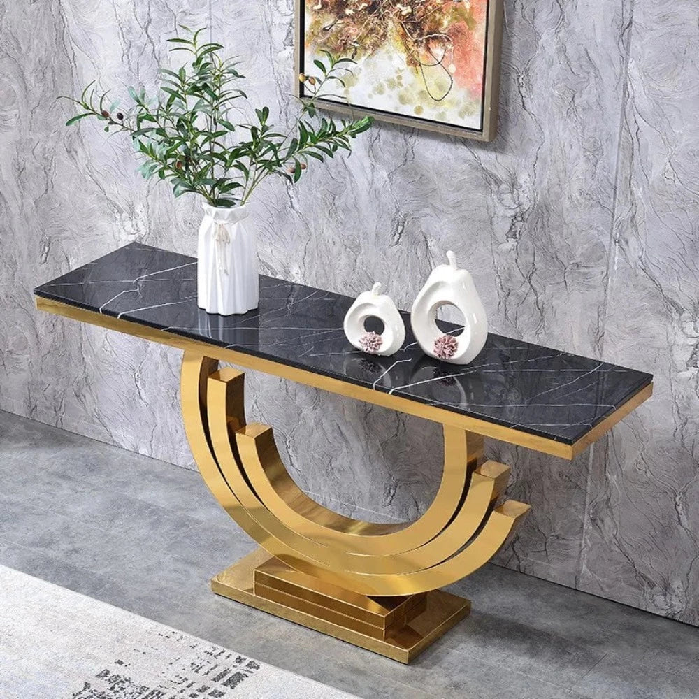Classic Golden Console Table - Stainless Steel - Teak Inside