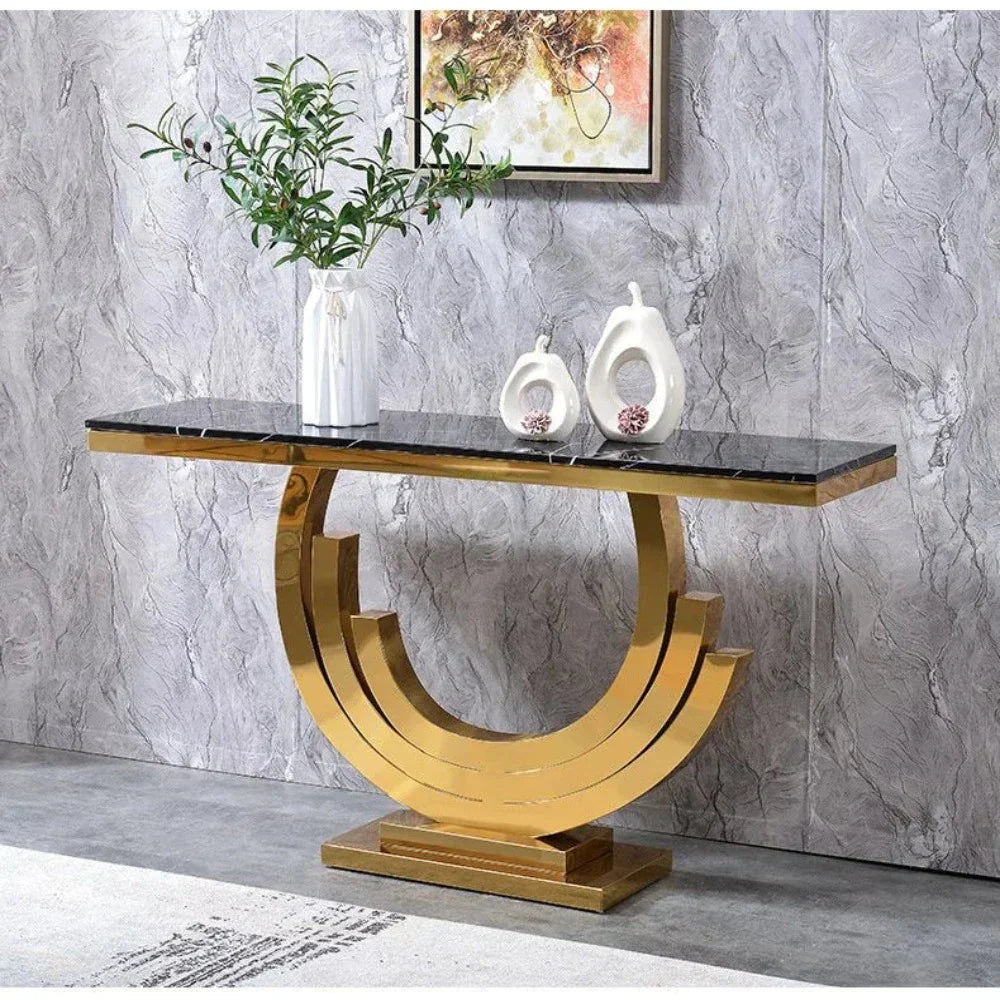 Classic Golden Console Table - Stainless Steel - Teak Inside